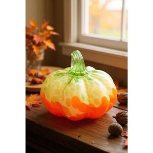 Art Glass Pumpkin Figurine Hand Blown Orange Green Mottled Fall Decor